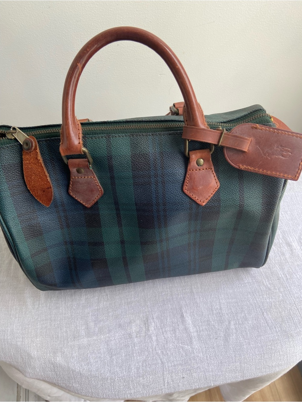 Polo by Ralph Lauren Green and Blue Plaid Leather-Trim Satchel